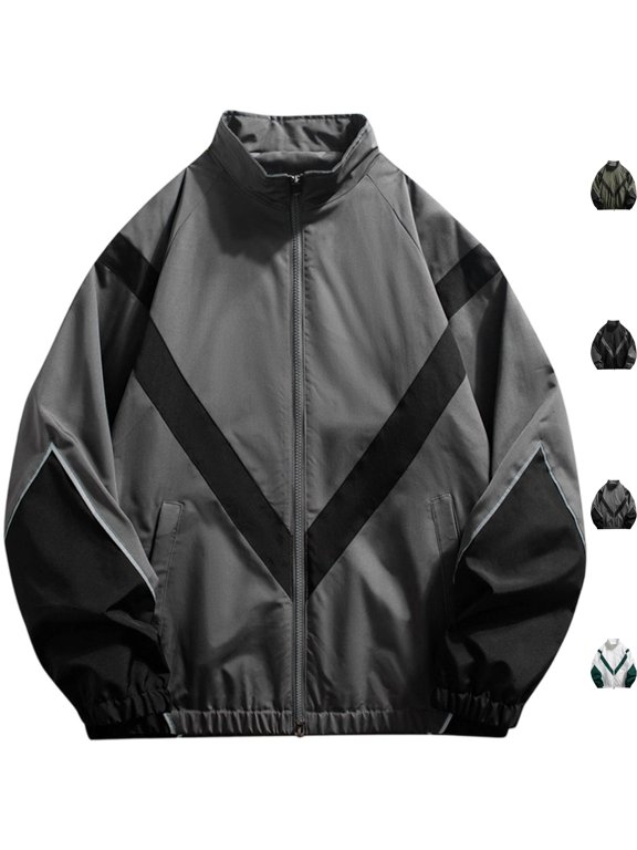 Men's Color Block Track Jacket Waterproof Lightweight Windproof Shell Coat Full Zip Stand Collar with Pockets for Running Outdoor Sport, Gray, XXL