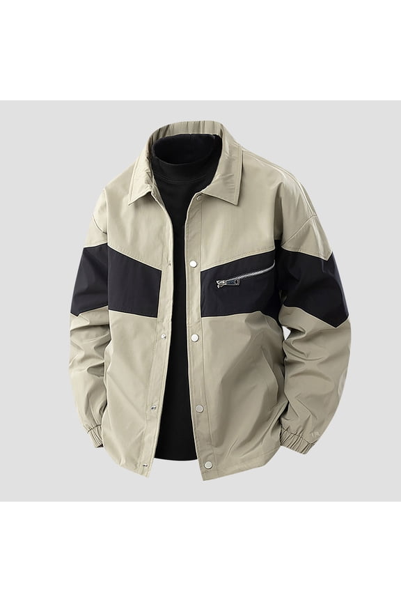 Men's Color Block Track Jackets Loose Lapel Outdoor Casual Long Sleeve Outerwear Full Zip Sports Coat with Pockets