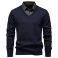 thumbnail image 1 of Men's Color Block Two In One Shirt Long Sleeve Quarter Button Lapel Collar Solid Pullover Top Navy 4XL, 1 of 9