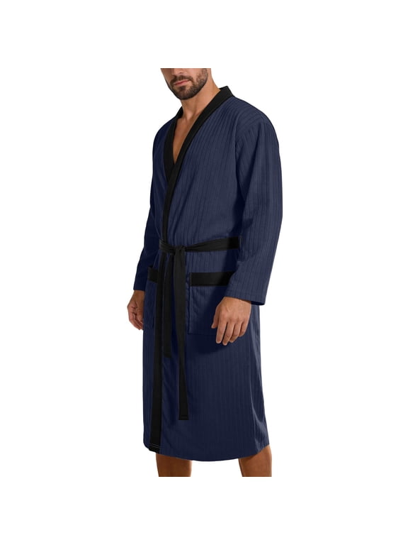 Men's Color Block Velvet Belted Bathrobe, Oversized Long Sleeve Warm Plush Relaxed Fit Casual Fall Winter Home Sleep Robe Navy M