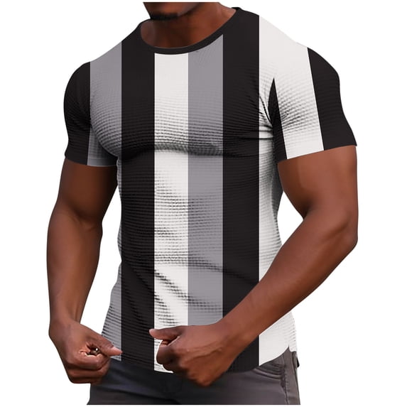 Men's Color Block Waffle Short Sleeve T-Shirts Slim Elastic Stripes Print Pullover Gym Athletic Workout Tees