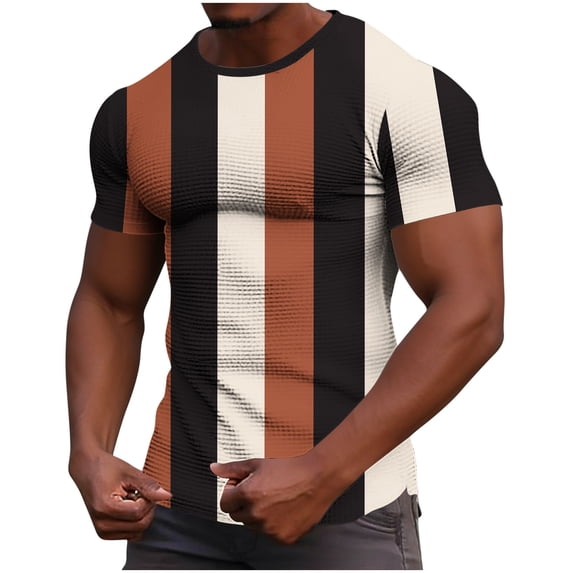 Men's Color Block Waffle Short Sleeve T-Shirts Slim Elastic Stripes Print Pullover Gym Athletic Workout Tees