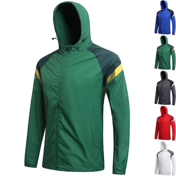 Men's Color Block Water Repellent Windbreaker Jacket Outerwear Hooded Coat with Adjustable Hem Side Pocket for Soccer Hiking Running Travel, Green, XXXL