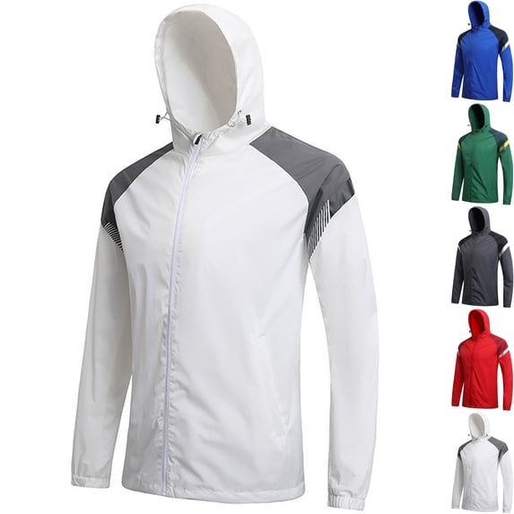 Men's Color Block Water Repellent Windbreaker Jacket Outerwear Hooded Coat with Adjustable Hem Side Pocket for Soccer Hiking Running Travel, White, XXL