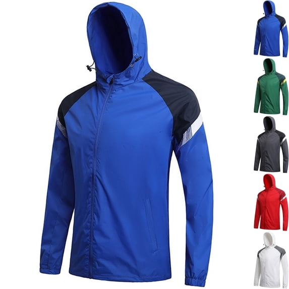 Men's Color Block Water Repellent Windbreaker Jacket Outerwear Hooded Coat with Adjustable Hem Side Pocket for Soccer Hiking Running Travel, Blue, M