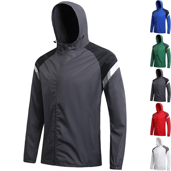Men's Color Block Water Repellent Windbreaker Jacket Outerwear Hooded Coat with Adjustable Hem Side Pocket for Soccer Hiking Running Travel, Gray, M