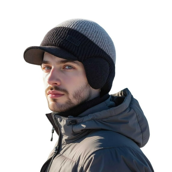 Men's Color Block Winter Knit Hat, Thermal Baseball Style Beanie with Brim and Windproof Ear Flaps, Cold Weather Thermal Ear Protection Hat for Men - Grey