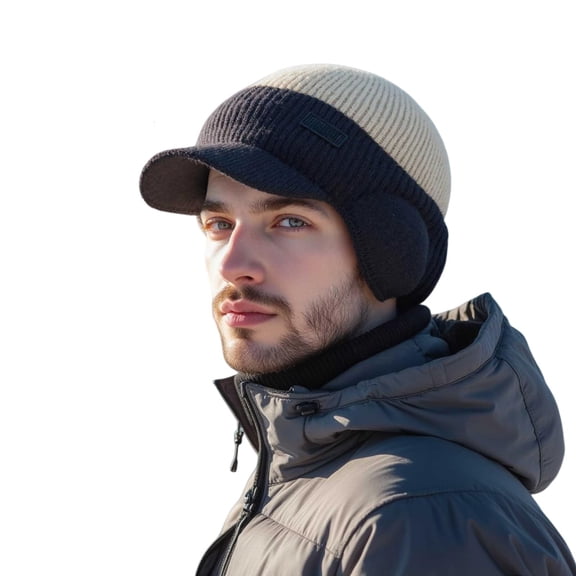 Men's Color Block Winter Knit Hat, Thermal Baseball Style Beanie with Brim and Windproof Ear Flaps, Cold Weather Thermal Ear Protection Hat for Men - Khaki