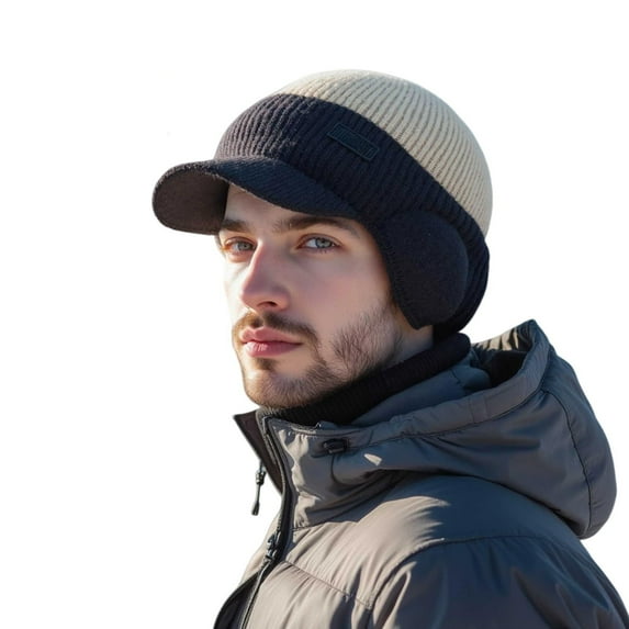Men's Color Block Winter Knit Hat, Thermal Baseball Style Beanie with Brim and Windproof Ear Flaps, Cold Weather Thermal Ear Protection Hat for Men - Khaki