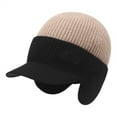 thumbnail image 1 of Men's Color Block Winter Knit Hat, Thermal Baseball Style Beanie with Brim and Windproof Ear Flaps, Cold Weather Thermal Ear Protection Hat for Men - Khaki, 1 of 8