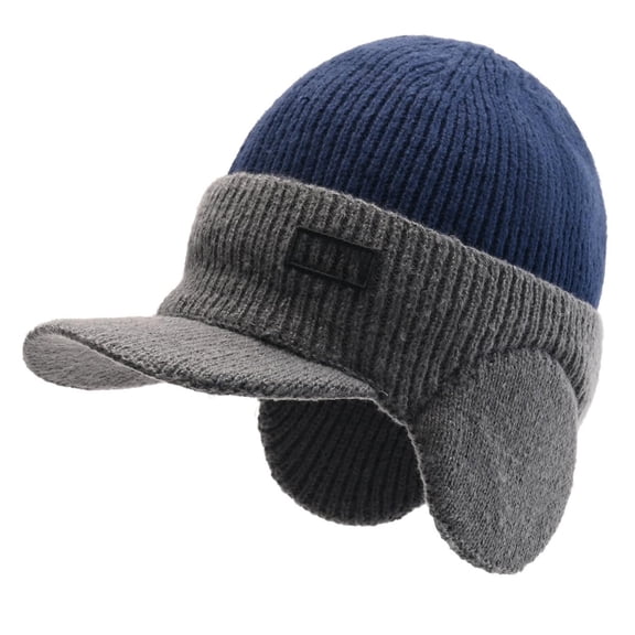 Men's Color Block Winter Knit Hat, Thermal Baseball Style Beanie with Brim and Windproof Ear Flaps, Cold Weather Thermal Ear Protection Hat for Men - Navy