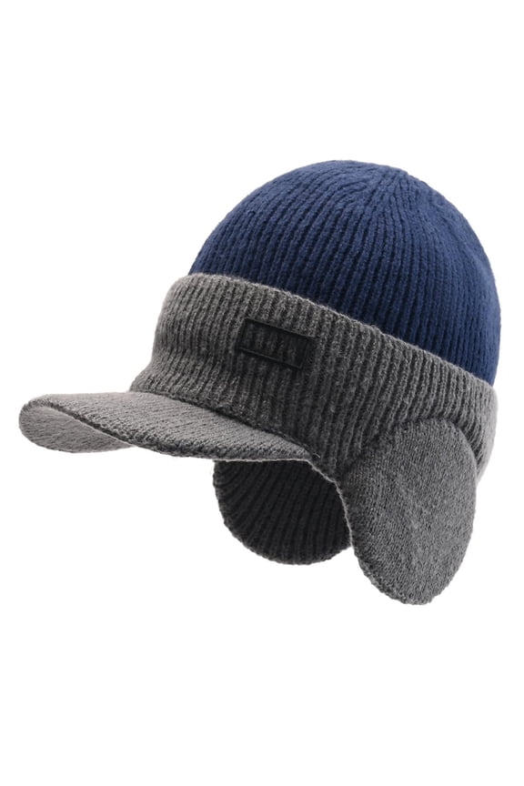 Men's Color Block Winter Knit Hat, Thermal Baseball Style Beanie with Brim and Windproof Ear Flaps, Cold Weather Thermal Ear Protection Hat for Men - Navy