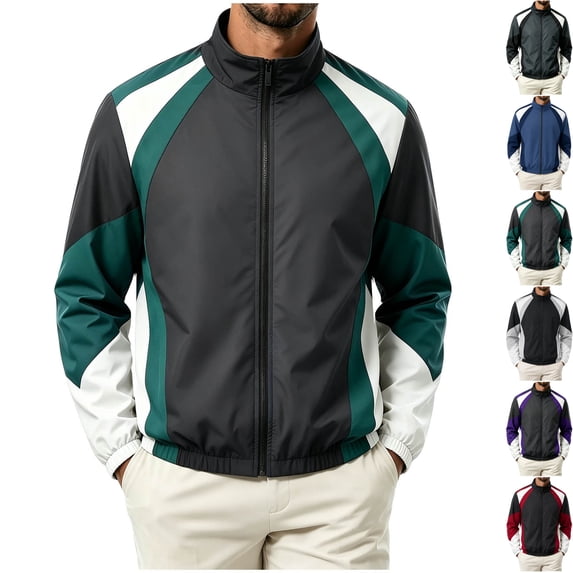 Men's Color Block Zip Up Windbreaker Jacket Stand Collar Active Sport Coat Oxford Cloth with Pockets for Casual Daily Wear Travel Fall Winter, Green, S