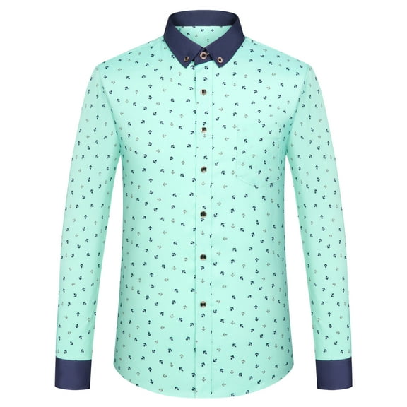 Men's Color-Blocked Anchor Print Long Sleeve Hawaiian Shirt, Spring Summer Lightweight Casual Button Down Shirts with Pocket