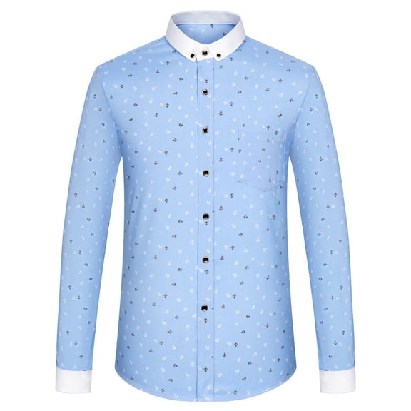 Men's Color-Blocked Anchor Print Long Sleeve Hawaiian Shirt, Spring Summer Lightweight Casual Button Down Shirts with Pocket