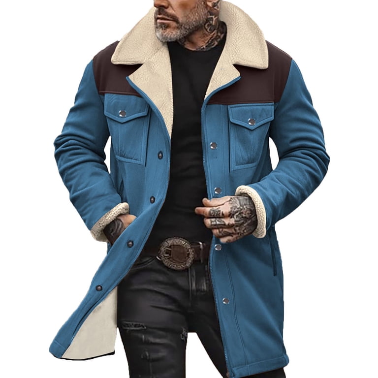 Men's Color Blocking Winter Jacket Thick Thermal Coat Lapel Work