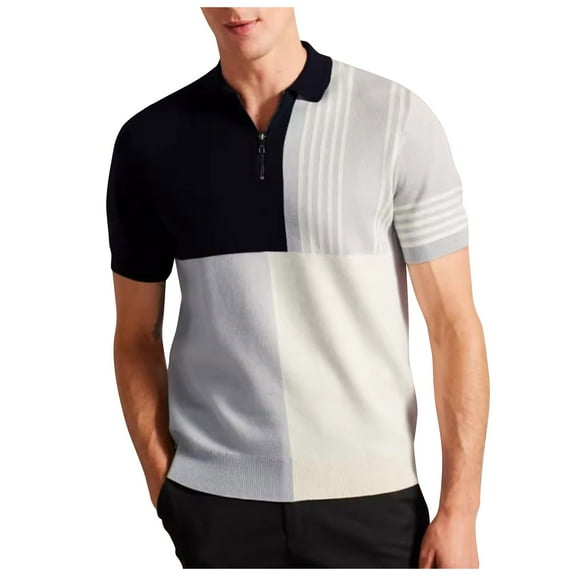 Men's Color Matching Knitted Casual T Shirt, Featuring Lapel Design, Durable Material for Daily Use, and Easy to Pair with Pants