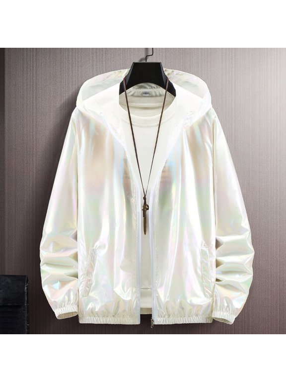 Men's Color Reflective Coat Metallic Jacket Lightweight Zip Up Holographic Shiny Hooded Jackets Hooded Windbreaker Pocket Jacket(White,S)