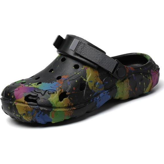 Men’s Color Splash EVA Clogs – Lightweight Breathable Slip On Garden Shoes with Adjustable Strap, Waterproof Anti-Slip Summer Sandals for Beach, Yard, and Everyday Wear