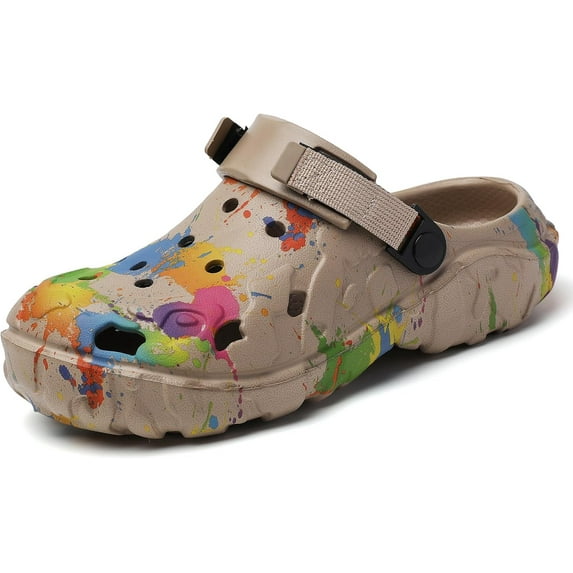 Men’s Color Splash EVA Clogs – Lightweight Breathable Slip On Garden Shoes with Adjustable Strap, Waterproof Anti-Slip Summer Sandals for Beach, Yard, and Everyday Wear