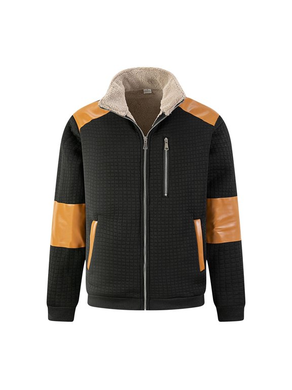 Men's Color Splicing Fleece Lined Stand Collar Zip Up Casual Jacket, Waffle Texture PU Patchwork Long Sleeve Outerwear, Warm Winter Coat for Men