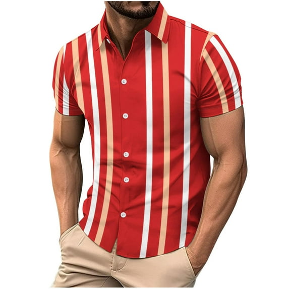 Men's Color Striped Hawaiian Shirt Casual Summer Short Sleeve Button Down Vintage Cuba Vacation Beach Shirts