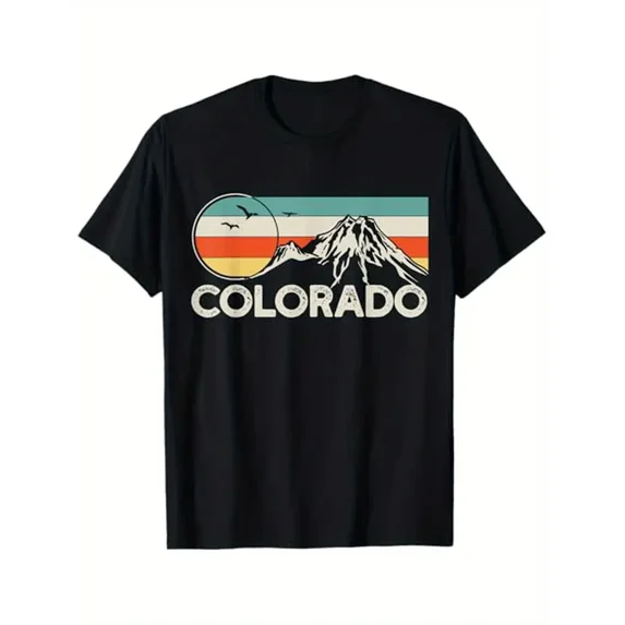 Men's Colorado Hiking Retro Graphic T-Shirt - Casual Cotton Crewneck with Mountain & Sunrise Design, Short Sleeve, Black, All-Season Wear, Casual Wear | Sunrise Design Tee