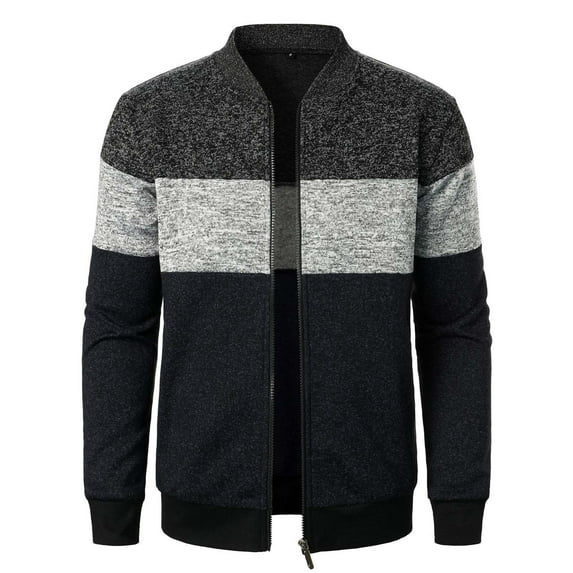 Men's Colorblock Full Zip Cardigan Sweater Slim Fit Stand Collar Casual Knitted Jacket Coats with Pockets