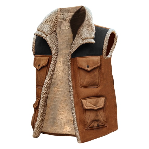 Men's Colorblock Outdoor Sports Fleece-lined Vest with Multi-pocket, Khaki, Size L