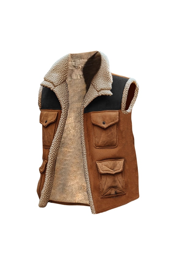 Men's Colorblock Outdoor Sports Fleece-lined Vest with Multi-pocket, Khaki, Size XXXL