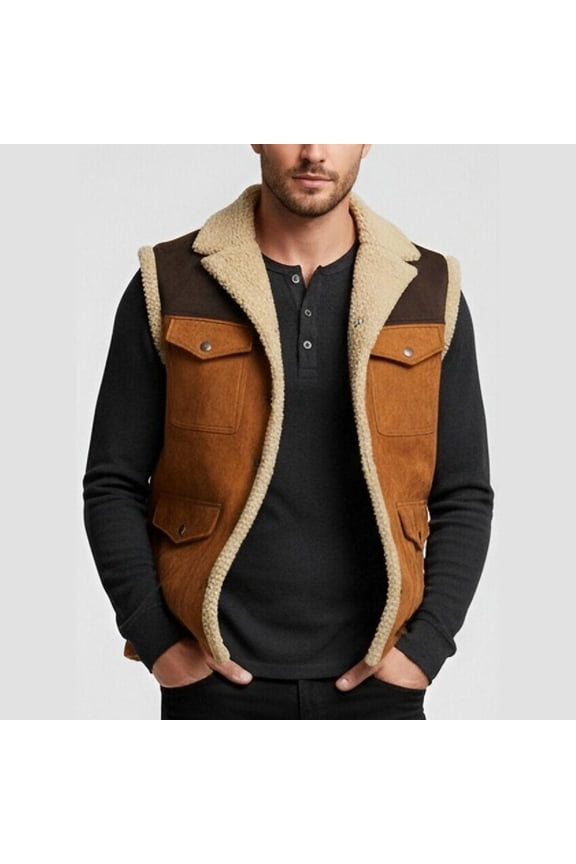 Men's Colorblock Outdoor Sports Plush Fleece Lined Vest Jacket with Multiple Pockets for Casual Winter Wear, Cold Weather Activities, and Christmas Holiday Gifts,Khaki,3XL