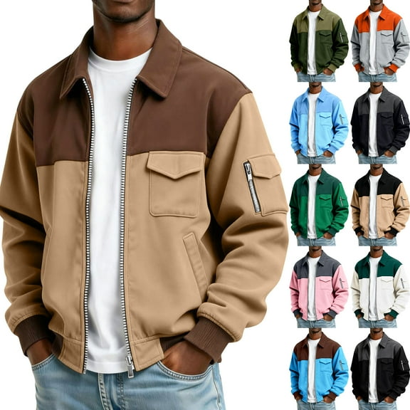 Men's Colorblock Patchwork Jacket Outdoor Jackets Zipper Sports Loose Coat Lightweight Insulated Warm Windbreaker with Pockets Multicolor L