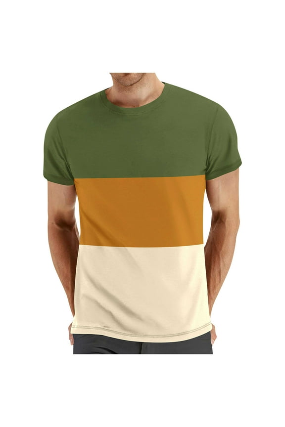 Men's Colorblock Short Sleeve Crew Neck T-Shirt Casual Striped Printed T-Shirt Tops
