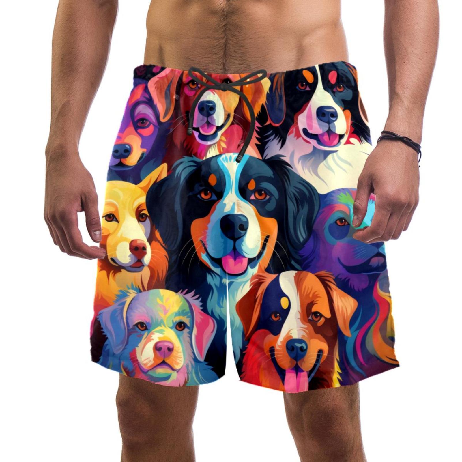 Men's Colorful Animals Dogs Swim Trunks Quick Dry Board Shorts Bathing Suits with Mesh Lining