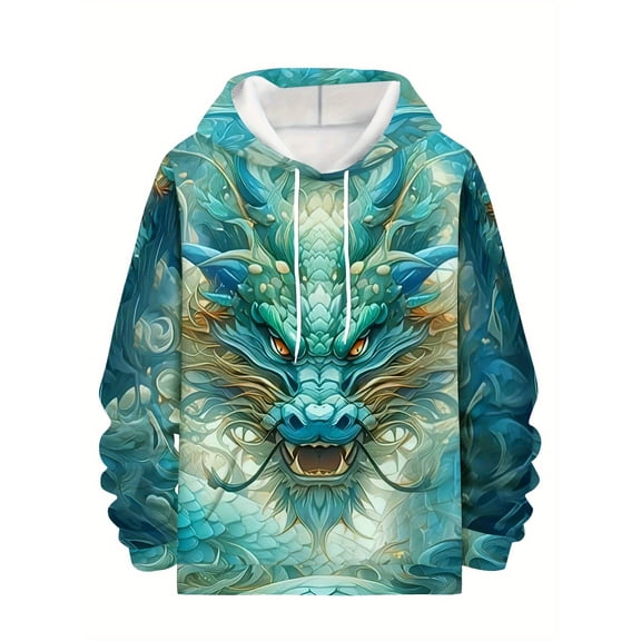 Men's Colorful Dragon Print Hoodie - Casual Sports Pullover with Kangaroo Pocket, Drawstring, Comfortable Fit, Sweatshirt, Long Sleeve Top, Men's Sweatshirt