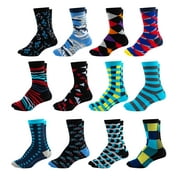 Men's Colorful Dress Socks - Fun Patterned Funky Crew Socks For Men - 12 Pack Style 6, Shoe Size 6-12