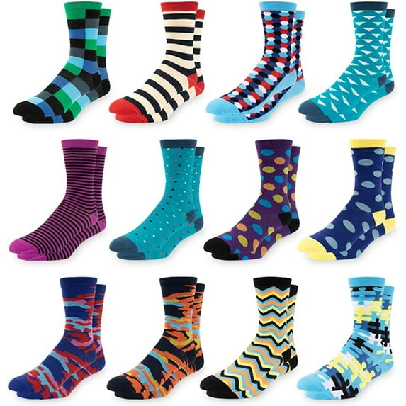Men's Colorful Dress Socks - Fun Patterned Funky Crew Socks For Men - 12 Pack