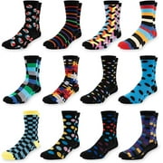 Mens Colorful Dress Socks - Fun Patterned Funky Crew Socks For Men - 12 Pack
