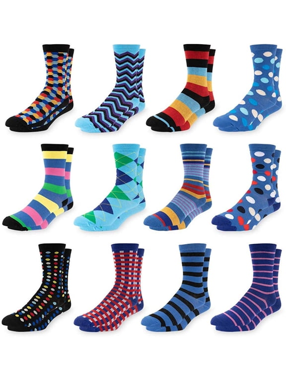 Men's Colorful Dress Socks - Fun Patterned Funky Crew Socks For Men - 12 Pack