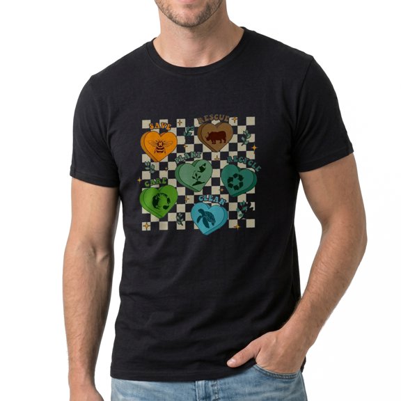 Men's Colorful Hearts Chess Pattern Design Graphic T-Shirt, Premium Cotton Short Sleeve Crew Neck Tee