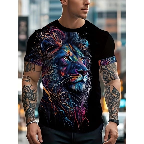 Men's Colorful Lion Pattern T-Shirt - Short Sleeve Round Neck, Casual Comfortable Summer Black Top, Ideal for Outdoor Wear or Gifts, Bold Pattern Shirt, Durable Daily Clothing