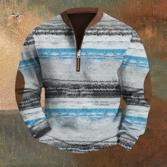 Men's Colorful Patchwork Knitted Sweater, Casual Long Sleeve Pullover with Half-Zip and Elbow Patches