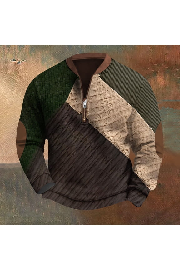 Men's Colorful Patchwork Knitted Sweater, Casual Long Sleeve Pullover with Half-Zip and Elbow Patches