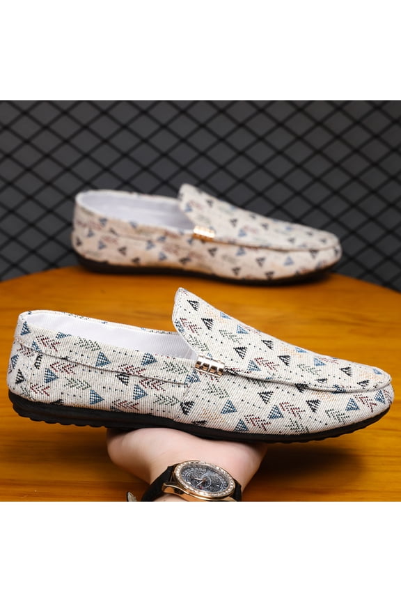 Men's Colorful Triangle Print Fabric Loafers, Slip On Light Breathable Flat Driving Moccasins