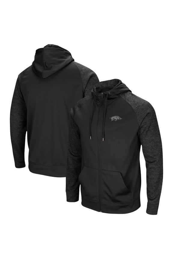 Men's Colosseum Black Arkansas Razorbacks Blackout 3.0 Tonal Raglan Full-Zip Hoodie