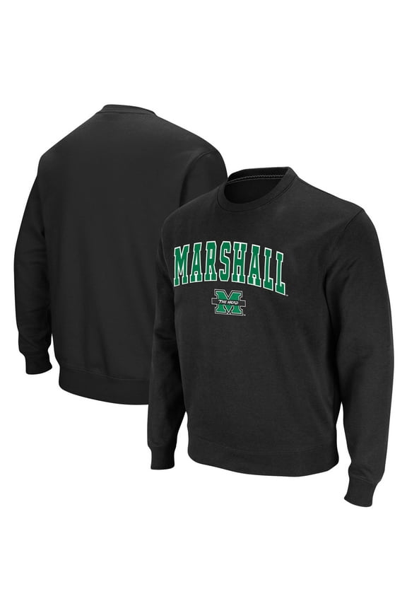 Men's Colosseum Black Marshall Thundering Herd Arch & Logo Tackle Twill Pullover Sweatshirt