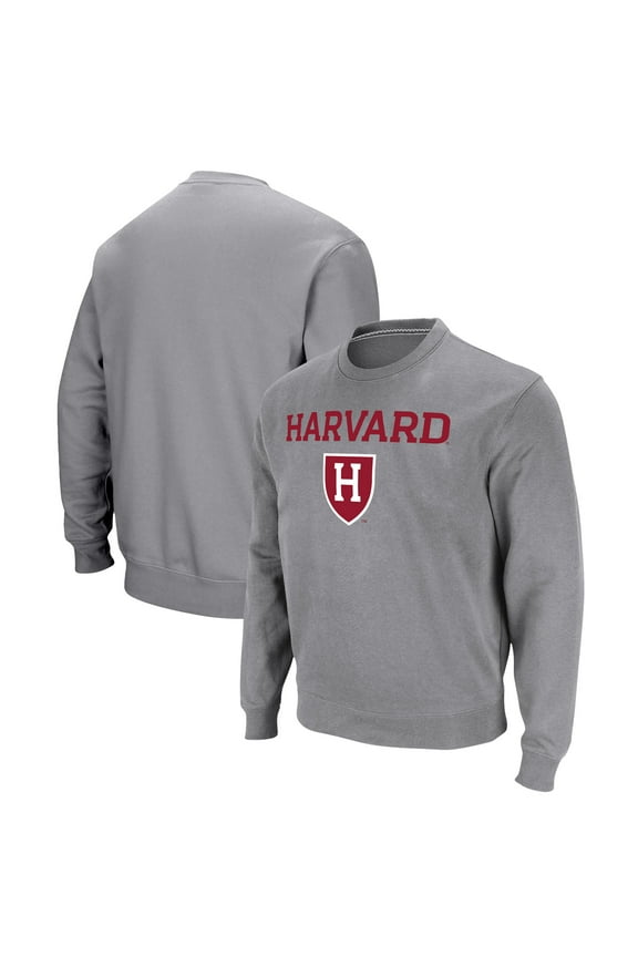 Men's Colosseum Gray Harvard Crimson Team Arch & Logo Tackle Twill Pullover Sweatshirt