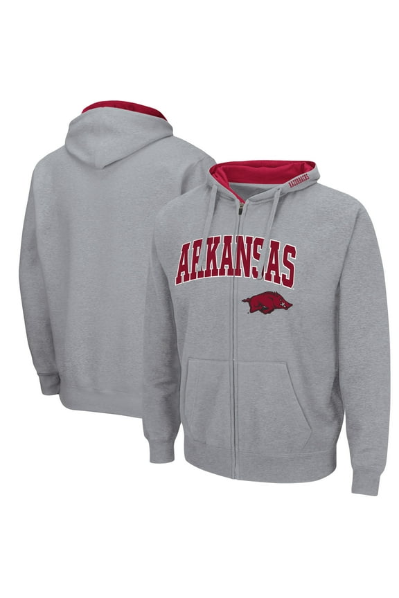Men's Colosseum Heathered Gray Arkansas Razorbacks Arch & Logo 3.0 Full-Zip Hoodie