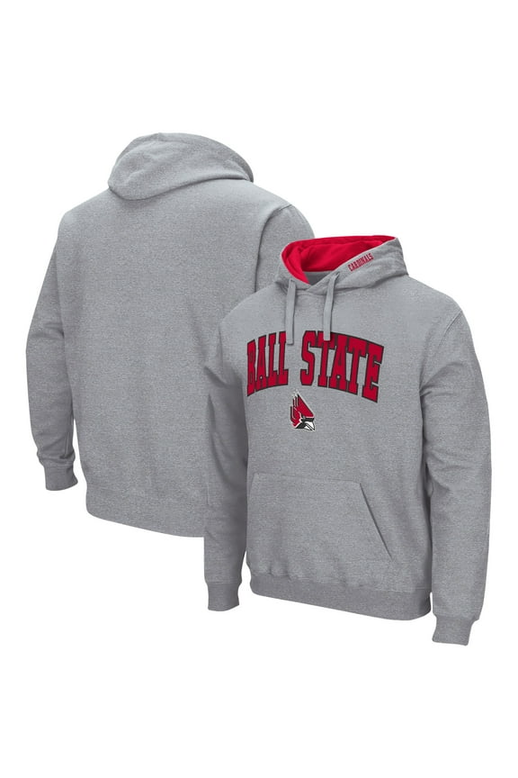 Men's Colosseum Heather Gray Ball State Cardinals Arch & Logo 3.0 Pullover Hoodie
