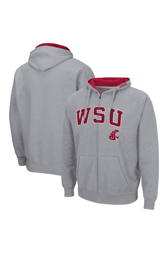 Men's Colosseum Heathered Gray Washington State Cougars Arch & Logo 3.0 Full-Zip Hoodie